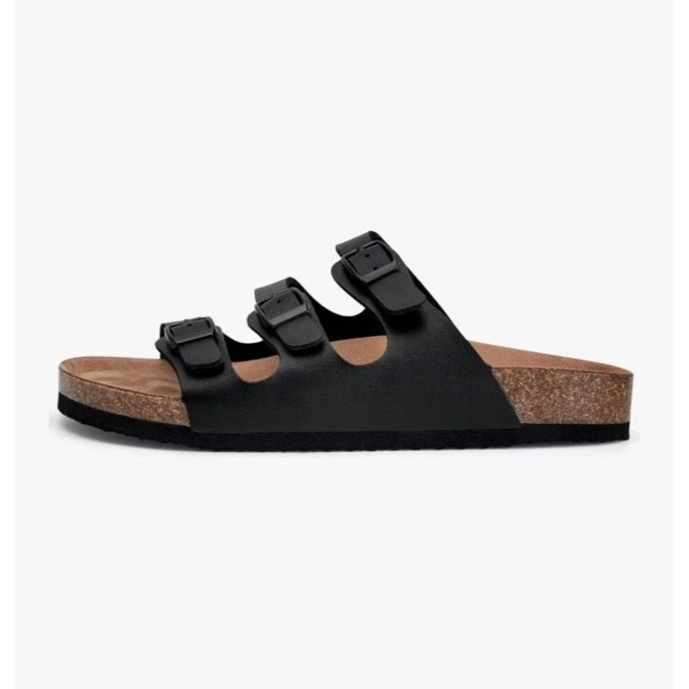 NWT Torotto Mens Slides with Cork Footbed Open Toe Flat Sandals,Black, Size 44